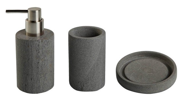 dispenser, portaspazzolini e il portasapone coordinati di Coincasa finitura effetto pietra grigia dispenser, portaspazzolini e il portasapone coordinati di Coincasa finitura effetto pietra grigia