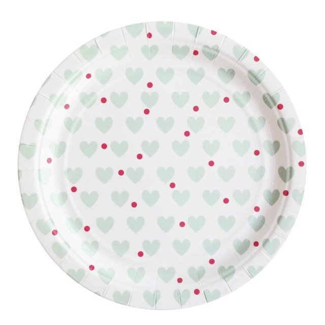 2 Piatto di carta di Pipoca con decori a cuore nel colore verde acqua. Atossico, misura ø 23 cm ed è disponibile in confezione da 8 al prezzo di 4,50 euro. www.pipoca.eu 2 Piatto di carta di Pipoca con decori a cuore nel colore verde acqua. Atossico, misura ø 23 cm ed è disponibile in confezione da 8 al prezzo di 4,50 euro. www.pipoca.eu