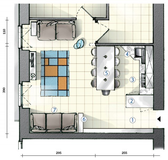 In cucina definire le funzioni con le penisole. progetto in pianta ... Progetto cucina soggiorno