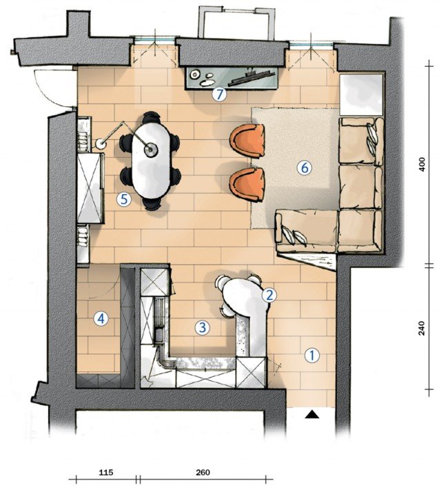 Cucina a vista e soggiorno insieme. progetto in pianta cose di casa Progetto cucina soggiorno