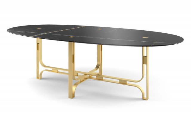 Notorius di Marioni è elegante e raffinato, ricorda le atmosfere Anni Quaranta. La struttura in metallo ha una scenografica finitura in ottone spazzolato e crea un piacevole contrasto con il piano in onice almond con il bordo molato. Misura L 245 x P 120 x H 73 cm. www.marioni.it Notorius di Marioni è elegante e raffinato, ricorda le atmosfere Anni Quaranta. La struttura in metallo ha una scenografica finitura in ottone spazzolato e crea un piacevole contrasto con il piano in onice almond con il bordo molato. Misura L 245 x P 120 x H 73 cm. www.marioni.it