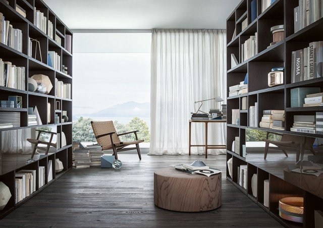 Gli elementi del sistema Selecta possono essere utilizzati anche in versione freestanding, per ritmare e separare gli ambienti. Come in questa composizione di due librerie che si fronteggiano, con struttura di rovere Carbone e ante sia a ribalta sia battenti laccate tinta Grigio lucido. Gli elementi del sistema Selecta possono essere utilizzati anche in versione freestanding, per ritmare e separare gli ambienti. Come in questa composizione di due librerie che si fronteggiano, con struttura di rovere Carbone e ante sia a ribalta sia battenti laccate tinta Grigio lucido.