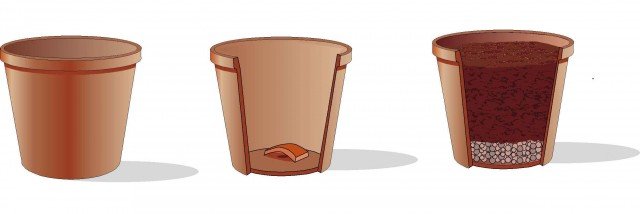 vaso con terra, coccio al fondo e materiale drenante vaso con terra, coccio al fondo e materiale drenante