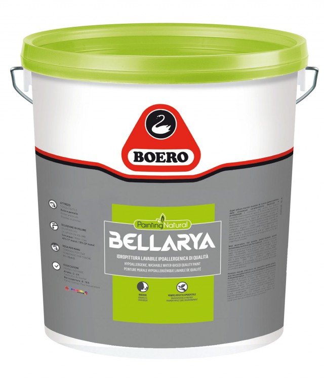 Lavabile, ipoallergenica, inodore, l’idropittura priva di composti organici volatili ha un’ottima resa e traspirabilità; un confezione da 5 litri, esclusa Iva, costa 39,25 euro Bellarya di Boero Lavabile, ipoallergenica, inodore, l’idropittura priva di composti organici volatili ha un’ottima resa e traspirabilità; un confezione da 5 litri, esclusa Iva, costa 39,25 euro Bellarya di Boero