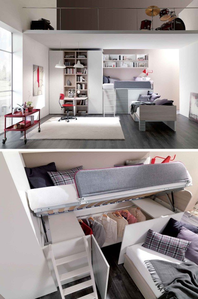 Container di Dielle prima è un comodo letto singolo, dopo è una capiente cabina armadio e contenitore attrezzato: basta sollevare il piano del letto con un semplice movimento grazie al meccanismo a gas. Lo spazio sotto il letto, circa quattro metri quadrati, può essere attrezzato a piacere con ripiani, tubi appendiabiti e cassettiere. Prezzo 4.700 euro per la versione base. www.dielle.it Container di Dielle prima è un comodo letto singolo, dopo è una capiente cabina armadio e contenitore attrezzato: basta sollevare il piano del letto con un semplice movimento grazie al meccanismo a gas. Lo spazio sotto il letto, circa quattro metri quadrati, può essere attrezzato a piacere con ripiani, tubi appendiabiti e cassettiere. Prezzo 4.700 euro per la versione base. www.dielle.it