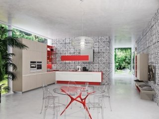 cucina con armadio con ante in nobilitato olmo Orange Evolution di Snaidero cucina con armadio con ante in nobilitato olmo Orange Evolution di Snaidero