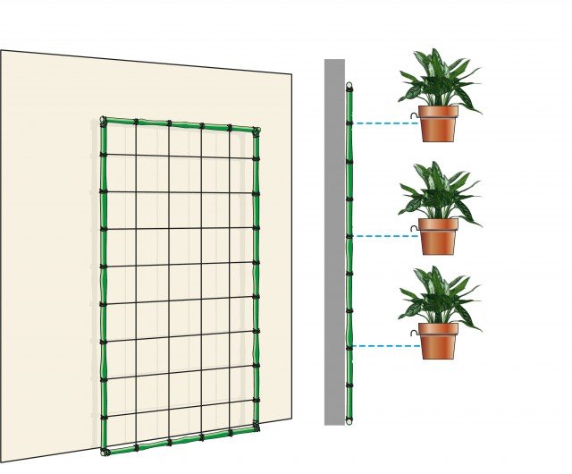 1. Con il più classico sistema fai da te si può far aderire al muro un graticcio leggero, per esempio in bambù, con le traverse orizzontali a cui agganciare vasi tradizionali forniti di un anello a gancio intorno al bordo superiore, realizzato con il fil di ferro, oppure utilizzando vasi già predisposti per essere appesi. 1. Con il più classico sistema fai da te si può far aderire al muro un graticcio leggero, per esempio in bambù, con le traverse orizzontali a cui agganciare vasi tradizionali forniti di un anello a gancio intorno al bordo superiore, realizzato con il fil di ferro, oppure utilizzando vasi già predisposti per essere appesi.
