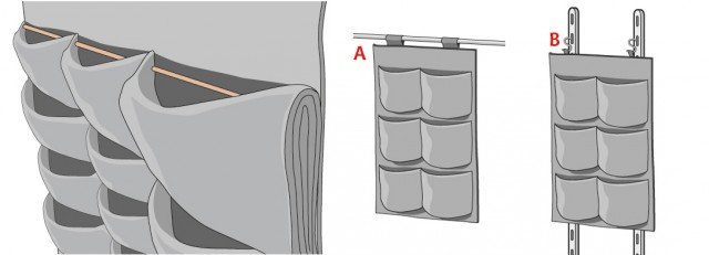 2. Esistono dei sistemi già pronti reperibili sul mercato consistenti in moduli di 4 tasche di feltro resistenti montate su un pannello che le isola rispetto al muro al quale andranno attaccate; ogni tasca ha gocciolatori modulabili regolati da una pompa idrica. Il pacchetto offre anche dei teli che servono ad avvolgere le radici e proteggerle in caso si abbia piacere o necessità di spostare le piante. Il modulo a 4 tasche è dotato di asole che consentono l’inserimento in semplici bastoni per le tende (A- il peso della confezione a 4 tasche è di appena 100 grammi senza le piante), o l’inserimento di ganci metallici da fissare su binari tassellati (B) alla parete interessata. 2. Esistono dei sistemi già pronti reperibili sul mercato consistenti in moduli di 4 tasche di feltro resistenti montate su un pannello che le isola rispetto al muro al quale andranno attaccate; ogni tasca ha gocciolatori modulabili regolati da una pompa idrica. Il pacchetto offre anche dei teli che servono ad avvolgere le radici e proteggerle in caso si abbia piacere o necessità di spostare le piante. Il modulo a 4 tasche è dotato di asole che consentono l’inserimento in semplici bastoni per le tende (A- il peso della confezione a 4 tasche è di appena 100 grammi senza le piante), o l’inserimento di ganci metallici da fissare su binari tassellati (B) alla parete interessata.