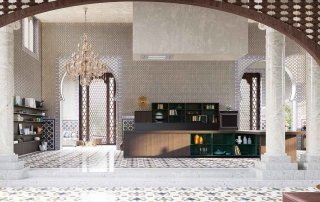 cucina con parete boiserie Maggiordomo nei colori Olmo Dark, Verde Irlanda e Verde Santos Amalfi di Del Tongo cucina con parete boiserie Maggiordomo nei colori Olmo Dark, Verde Irlanda e Verde Santos Amalfi di Del Tongo