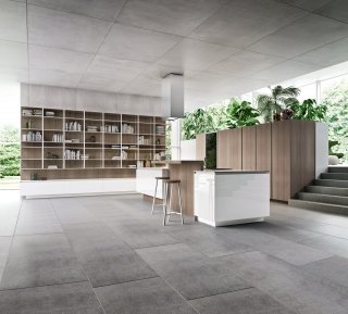 cucina con isola e superfici in vetro candido Way di Snaidero cucina con isola e superfici in vetro candido Way di Snaidero