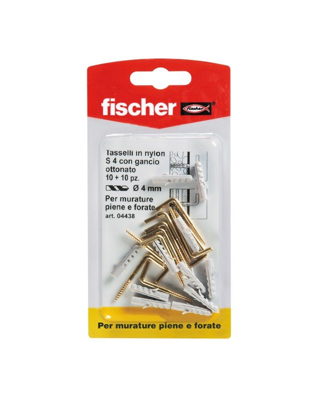 Fischer S4 G è il tassello perfetto per la muratura, con collarino e gancio ottonato si rivela una soluzione efficace per appendere quadri fino a un carico massimo di 7 Kg. Il tassello a 2 settori espandenti è adatto per applicazione su calcestruzzo, pietra naturale con struttura densa, blocco pieno in calcestruzzo alleggerito, mattoni pieni. Prezzo 2,76 euro (blister con 10 tasselli). www.fischeritalia.it Fischer S4 G è il tassello perfetto per la muratura, con collarino e gancio ottonato si rivela una soluzione efficace per appendere quadri fino a un carico massimo di 7 Kg. Il tassello a 2 settori espandenti è adatto per applicazione su calcestruzzo, pietra naturale con struttura densa, blocco pieno in calcestruzzo alleggerito, mattoni pieni. Prezzo 2,76 euro (blister con 10 tasselli). www.fischeritalia.it