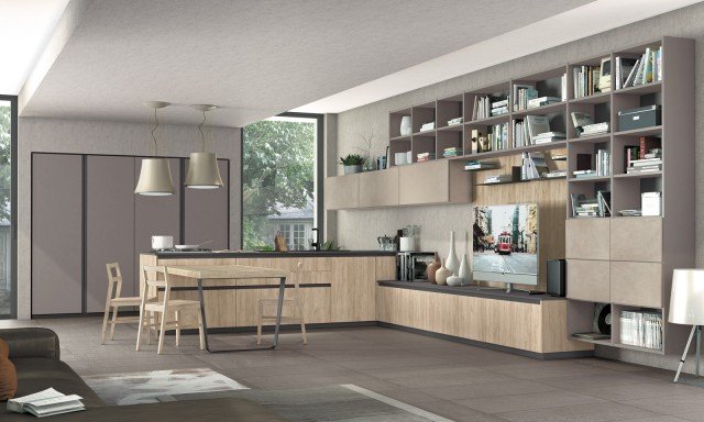 In Immagina Lux di Cucine Lube la penisola è dotata di un comodo tavolo laterale ed è coordinata con l’elemento basso del living nella finitura effetto legno chiaro. In questo modello la zona cucina e il living si fondono insieme grazie alla presenza della libreria a tutta parete. Prezzo su richiesta. www.cucinelube.it In Immagina Lux di Cucine Lube la penisola è dotata di un comodo tavolo laterale ed è coordinata con l’elemento basso del living nella finitura effetto legno chiaro. In questo modello la zona cucina e il living si fondono insieme grazie alla presenza della libreria a tutta parete. Prezzo su richiesta. www.cucinelube.it