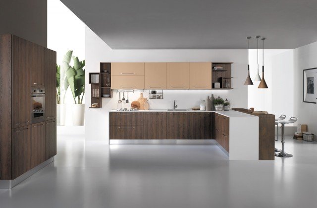 cucina con ante in melaminico materico nei colori rovere caffè e sabbia Nevada di Mobilturi cucina con ante in melaminico materico nei colori rovere caffè e sabbia Nevada di Mobilturi