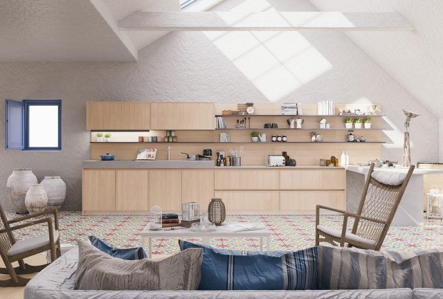 cucina con ante e boiserie in pregiato rovere a poro e mensole blu Creta Frame di Del Tongo cucina con ante e boiserie in pregiato rovere a poro e mensole blu Creta Frame di Del Tongo