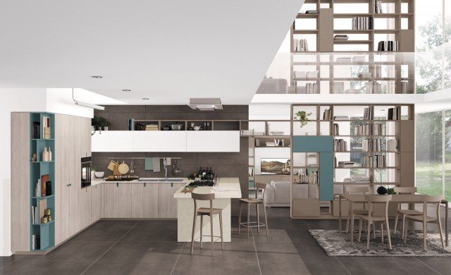 cucina aperta sul living con penisola che funge da bancone snack in legno chiaro Immagina di Cucine Lube cucina aperta sul living con penisola che funge da bancone snack in legno chiaro Immagina di Cucine Lube