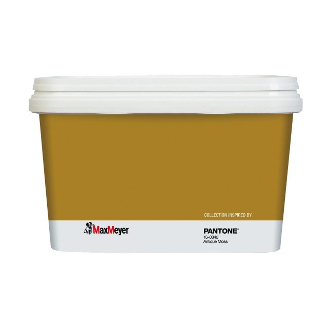 Idropittura murale Pantone Antique Moss: Il verde richiama la natura, favorisce la calma e crea un'atmosfera rigenerante. Consigliata in stanze luminose, rivolte a est o a sud. Formato da 2L, resa: 26 m². Prezzo al pubblico: €29,90 Idropittura murale Pantone Antique Moss: Il verde richiama la natura, favorisce la calma e crea un'atmosfera rigenerante. Consigliata in stanze luminose, rivolte a est o a sud. Formato da 2L, resa: 26 m². Prezzo al pubblico: €29,90