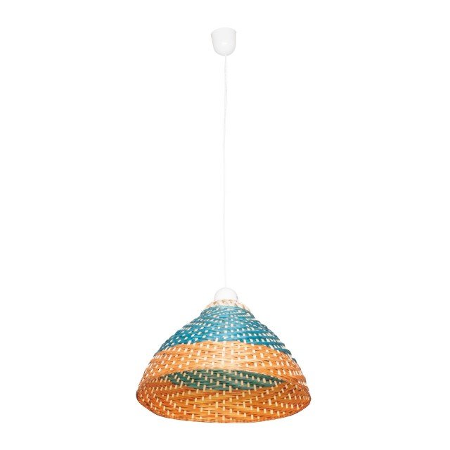 Lampada a sospensione Makiko Blu: Lampada a sospensione in bambù intrecciato arancione e blu, crea un'illuminazione soffusa e calda. Dimensioni: H 28, Ø 40 cm. Prezzo al pubblico: €29,90 Lampada a sospensione Makiko Blu: Lampada a sospensione in bambù intrecciato arancione e blu, crea un'illuminazione soffusa e calda. Dimensioni: H 28, Ø 40 cm. Prezzo al pubblico: €29,90