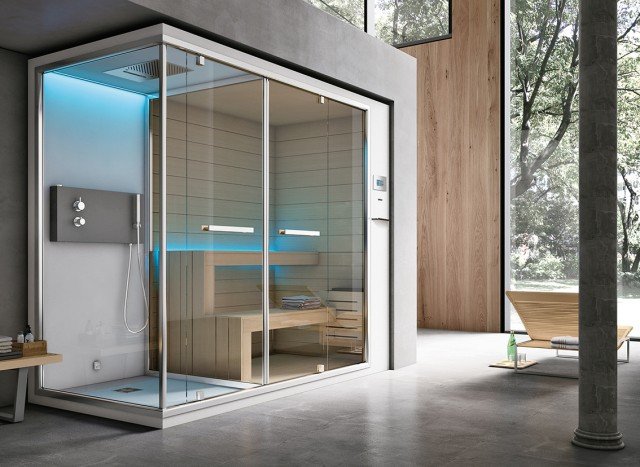 Ethos, combinazione di bagno turco, doccia e sauna con luce blu Hafro Geromin Ethos, combinazione di bagno turco, doccia e sauna con luce blu Hafro Geromin