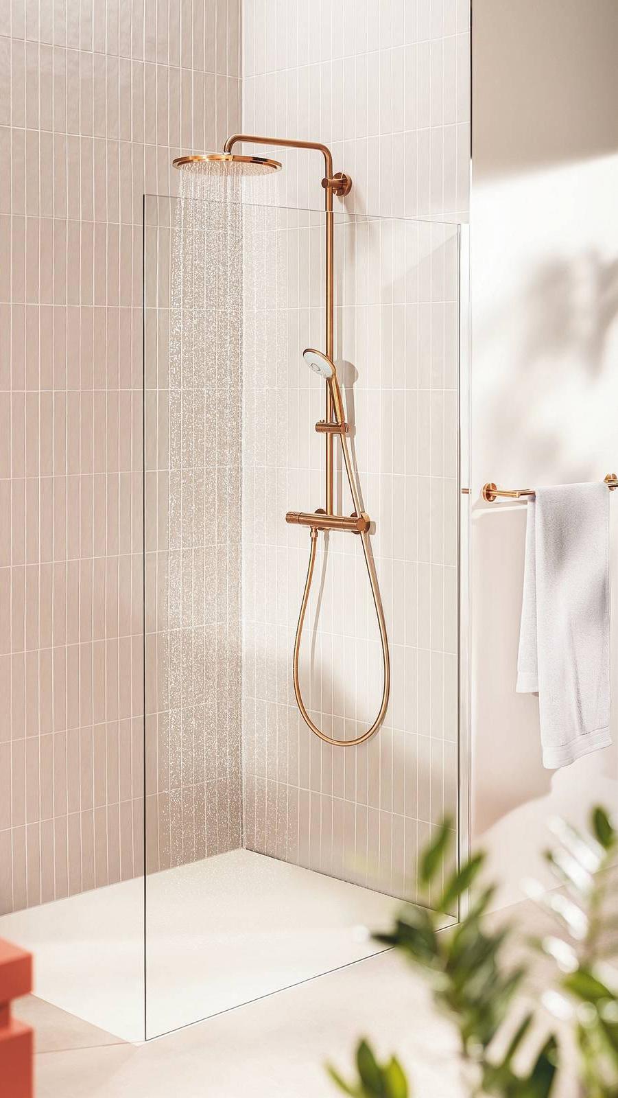 Finitura oro rosa spazzolato
per la colonna Euphoria System 310 di Grohe
(www.grohe.it), completa
di miscelatore termostatico
con blocco di temperatura
a 38 °C, soffione Ø 31 cm e doccetta. Ha ugelli antigocciolamento e anticalcare. Costa 2.935 euro. Finitura oro rosa spazzolato
per la colonna Euphoria System 310 di Grohe
(www.grohe.it), completa
di miscelatore termostatico
con blocco di temperatura
a 38 °C, soffione Ø 31 cm e doccetta. Ha ugelli antigocciolamento e anticalcare. Costa 2.935 euro.