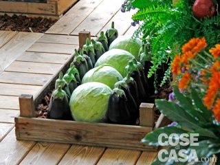 orticolario cassetta con zucche gialle e salvia, melograni e timo, cavoli cappuccio e melanzane.