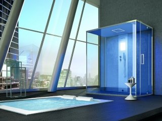 colonna Rigenera 200 di Hafro incassata nel box doccia Gemini con generatore di vapore per bagno turco colonna Rigenera 200 di Hafro incassata nel box doccia Gemini con generatore di vapore per bagno turco