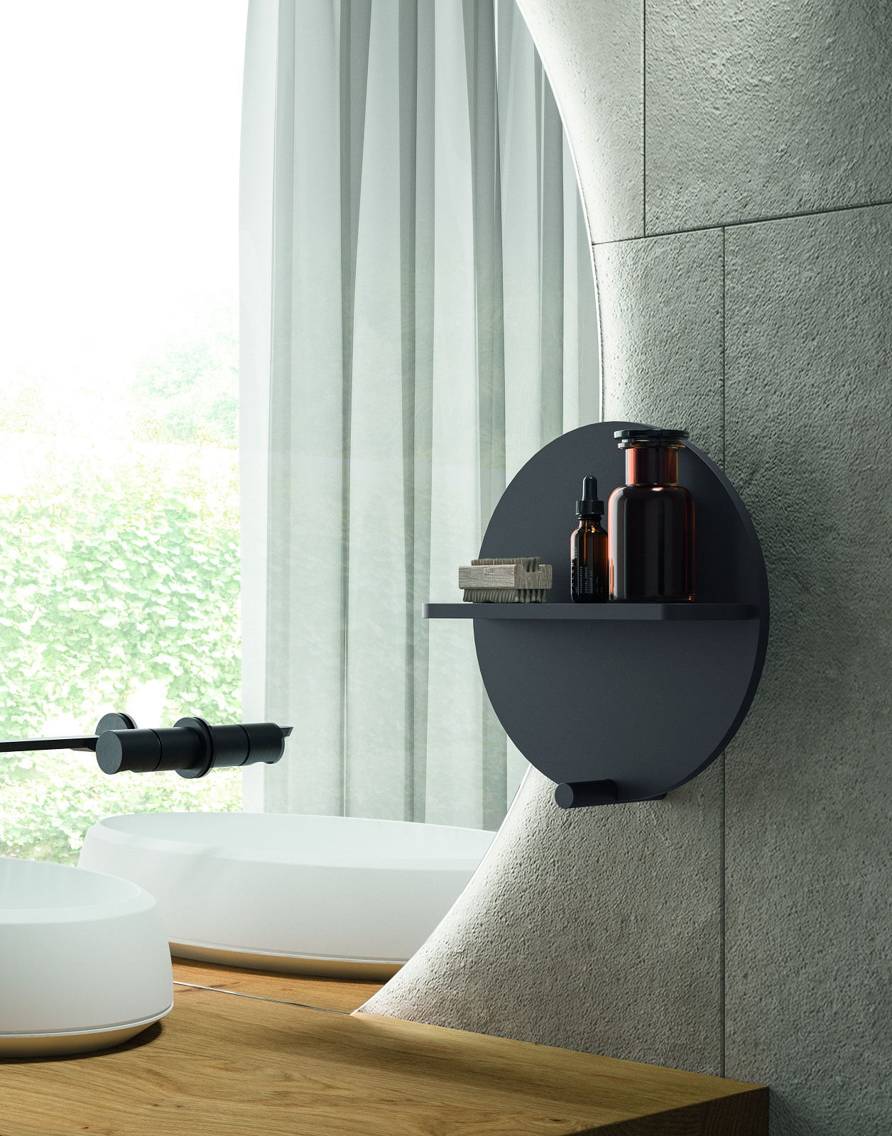 La mensola tonda Link di Cerasa è disponibile per appoggio o per fissaggio a parete. Prevede un ripiano/divisorio e un elemento metallico finitura Nichel come portasciugamani. Ha un diametro pari a 30 cm. Prezzo della versione laccato opaco, in qualsiasi colore, e Iva esclusa, 239 euro. www.cerasa.it La mensola tonda Link di Cerasa è disponibile per appoggio o per fissaggio a parete. Prevede un ripiano/divisorio e un elemento metallico finitura Nichel come portasciugamani. Ha un diametro pari a 30 cm. Prezzo della versione laccato opaco, in qualsiasi colore, e Iva esclusa, 239 euro. www.cerasa.it