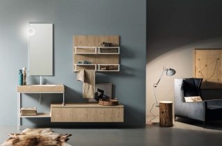 arredo bagno Joy di cerasa in finitura rovere natural con elementi metallici (basi e mensole) laccato bianco opaco arredo bagno Joy di cerasa in finitura rovere natural con elementi metallici (basi e mensole) laccato bianco opaco