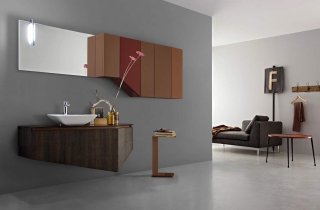 Composizione in finitura rovere cacao e laccato opaco Ral 8015/8024/8025 arredo bagno cerasa Composizione in finitura rovere cacao e laccato opaco Ral 8015/8024/8025 arredo bagno cerasa