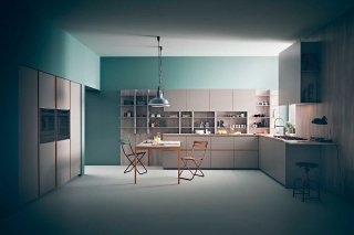 cucina con basi, colonne e pensili in laccato canapa ravvivate dalle maniglie gialle e piano snack Tweet di Zampieri Cucine cucina con basi, colonne e pensili in laccato canapa ravvivate dalle maniglie gialle e piano snack Tweet di Zampieri Cucine