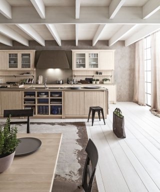 cucina aperta sul living realizzata in abete massello Maestrale di Scandola cucina aperta sul living realizzata in abete massello Maestrale di Scandola