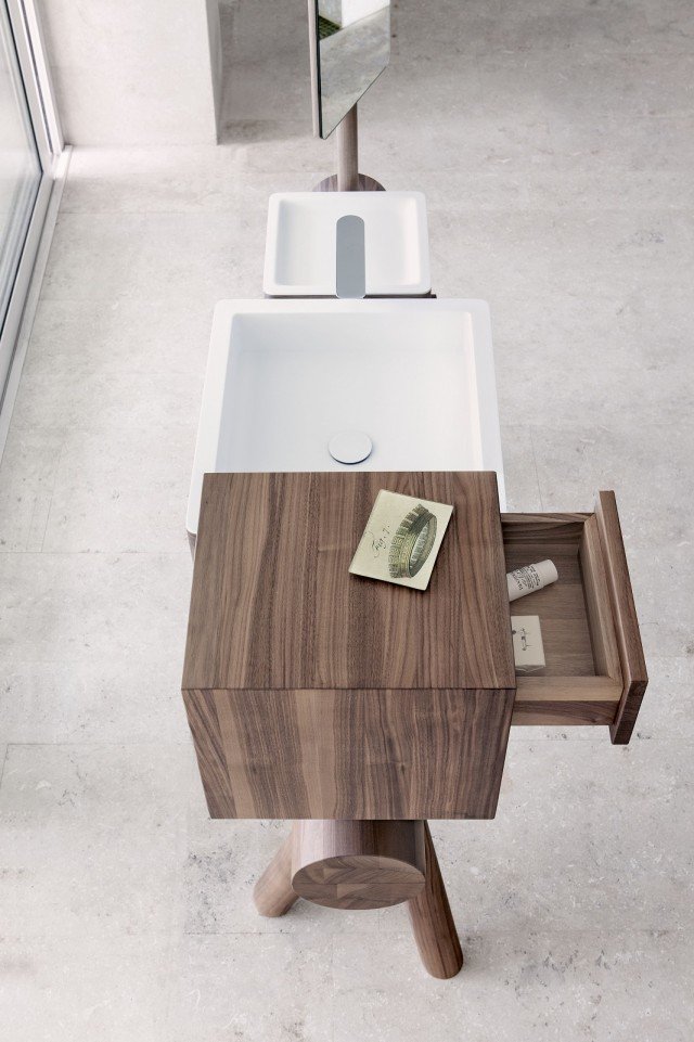 lavabo della collezione Dressage di Graff realizzato in Corian® DuPont™ incassato in mobile legno massello lavabo della collezione Dressage di Graff realizzato in Corian® DuPont™ incassato in mobile legno massello