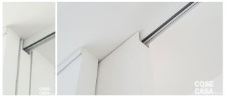 I due pannelli, con spessore di poco
più di 6 cm ciascuno, scorrono all'interno
della quinta grazie
a un sistema
di aggancio a un binario superiore che non necessita di guida
a pavimento.