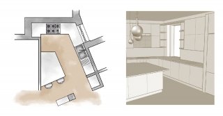 La penisola, che misura circa 150x150 cm, svolge diverse funzioni: verso il living è utilizzata come piano snack, dall'altra parte prolunga la zona operativa. Nella zona inferiore ha, su due lati, scomparti apribili.
