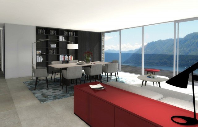 Il lato giorno della parete attrezzata, realizzata con il sistema Selecta (Officinadesign Lema) nella elegante finitura rovere termotrattato, è organizzato con vani aperti perfetti per accogliere libri e riviste ed esporre scenograficamente piccoli oggetti. Il tavolo Shade (design Francesco Rota), dalle ampie dimensioni, si contraddistingue per la base scultorea realizzata con lastre metalliche disposte a croce asimmetrica in contrasto con il piano dallo spessore contenuto nella materica ed elegante finitura Argilla. In abbinamento, le poltroncine Tabby (design Gordon Guillaumier), dalla linea contemporanea e nel contempo classica: imbottite e sfoderabili per la massima praticità, sono rivestite in tessuto e hanno una elegante struttura portante in rovere termotrattato, che riprende la finitura della libreria su misura Selecta. Nella zona relax, insieme al divano Cloud (design Francesco Rota), grande isola morbida dalle forme liberamente componibili, una coppia di tavolini Flowers (design Roberto Lazzeroni) in due diverse altezze, leggeri ed elegantemente ispirati agli anni Cinquanta, e la madia laccata del sistema modulare T030 di Piero Lissoni, che apporta alla sobria discrezione dell’ambiente uno squillante tocco di colore. Il lato giorno della parete attrezzata, realizzata con il sistema Selecta (Officinadesign Lema) nella elegante finitura rovere termotrattato, è organizzato con vani aperti perfetti per accogliere libri e riviste ed esporre scenograficamente piccoli oggetti. Il tavolo Shade (design Francesco Rota), dalle ampie dimensioni, si contraddistingue per la base scultorea realizzata con lastre metalliche disposte a croce asimmetrica in contrasto con il piano dallo spessore contenuto nella materica ed elegante finitura Argilla. In abbinamento, le poltroncine Tabby (design Gordon Guillaumier), dalla linea contemporanea e nel contempo classica: imbottite e sfoderabili per la massima praticità, sono rivestite in tessuto e hanno una elegante struttura portante in rovere termotrattato, che riprende la finitura della libreria su misura Selecta. Nella zona relax, insieme al divano Cloud (design Francesco Rota), grande isola morbida dalle forme liberamente componibili, una coppia di tavolini Flowers (design Roberto Lazzeroni) in due diverse altezze, leggeri ed elegantemente ispirati agli anni Cinquanta, e la madia laccata del sistema modulare T030 di Piero Lissoni, che apporta alla sobria discrezione dell’ambiente uno squillante tocco di colore.