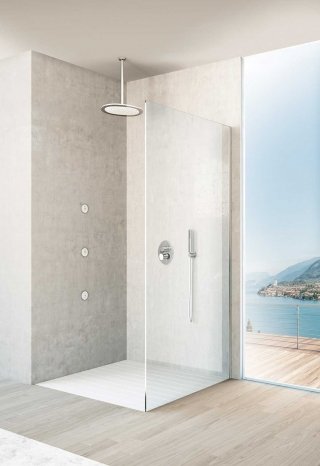 Configurazione doccia Synergy con soffione doccia a soffitto con parte interna in DuPont™ Corian® Configurazione doccia Synergy con soffione doccia a soffitto con parte interna in DuPont™ Corian®