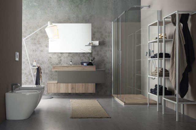 Composizione bagno Minimal Play di Cerasa laccata grigio scuro opaco e essenza industrial Composizione bagno Minimal Play di Cerasa laccata grigio scuro opaco e essenza industrial