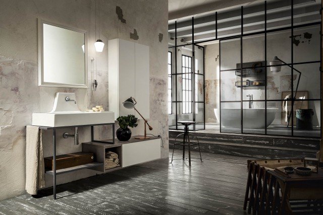 Composizione bagno Urban Play di cerasa laccata bianco opaco e laminato Oxyde Dark Composizione bagno Urban Play di cerasa laccata bianco opaco e laminato Oxyde Dark
