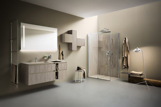 Composizione bagno Joy Rovere di cerasa canapa con particolari laccati tortora Composizione bagno Joy Rovere di cerasa canapa con particolari laccati tortora