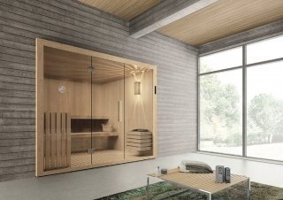 sauna Kyra di Hafro con porta in vetro temperato 8 mm struttura in abete sauna Kyra di Hafro con porta in vetro temperato 8 mm struttura in abete
