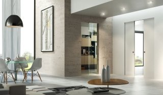 componenti della porta nel controtelaio Essential doppio scorrevole con doppia anta in vetro Essential Scrigno componenti della porta nel controtelaio Essential doppio scorrevole con doppia anta in vetro Essential Scrigno
