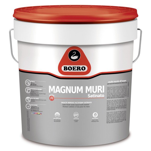Lo smalto murale satinato Magnum Muri di Boero, bianco (o base bianca tinteggiabile), in latta da 5 litri, di listino costa 73,15 euro. Lo smalto murale satinato Magnum Muri di Boero, bianco (o base bianca tinteggiabile), in latta da 5 litri, di listino costa 73,15 euro.