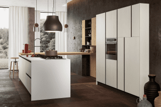 cucina con penisola/ponte in finitura legno venato Asia 4 Factory di Arredo3 cucina con penisola/ponte in finitura legno venato Asia 4 Factory di Arredo3