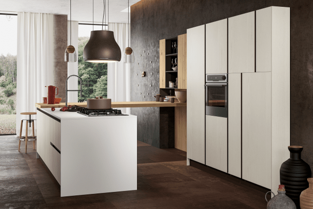 cucina con penisola/ponte in finitura legno venato Asia 4 Factory di Arredo3 cucina con penisola/ponte in finitura legno venato Asia 4 Factory di Arredo3
