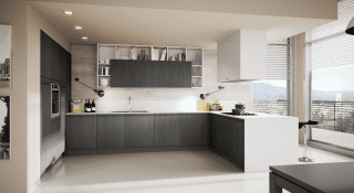 cucine con penisola dotata di zona cottura e cappa sospesa Canova di Berloni cucine con penisola dotata di zona cottura e cappa sospesa Canova di Berloni