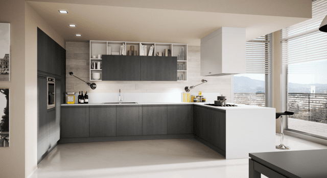 cucine con penisola dotata di zona cottura e cappa sospesa Canova di Berloni cucine con penisola dotata di zona cottura e cappa sospesa Canova di Berloni