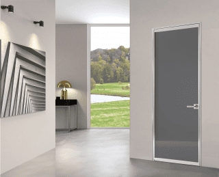 porta Simple Light di Bihome con telaio in alluminio e anta in vetro laccato lucido, color antracite porta Simple Light di Bihome con telaio in alluminio e anta in vetro laccato lucido, color antracite