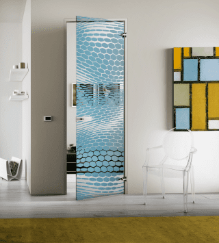 porta con decorazioni optical in vetro extrachiaro e alluminio Hexagone linea Hybrid Collection di Casali porta con decorazioni optical in vetro extrachiaro e alluminio Hexagone linea Hybrid Collection di Casali