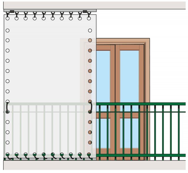 Fissare un binario sulla soletta del balcone al piano superiore e uno alla parte inferiore della ringhiera. Poi, tra i due, tendere bene le tende. Fissare un binario sulla soletta del balcone al piano superiore e uno alla parte inferiore della ringhiera. Poi, tra i due, tendere bene le tende.