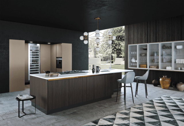 cucina con isola e basi nella finitura Olmo Prado dark Charme 37 di Febal Casa cucina con isola e basi nella finitura Olmo Prado dark Charme 37 di Febal Casa