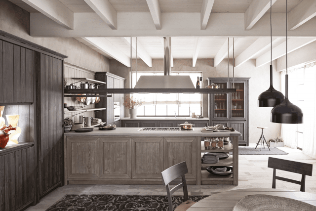 cucina con penisola dotata di vani a giorno stile country chic Maestrale di Scandola cucina con penisola dotata di vani a giorno stile country chic Maestrale di Scandola